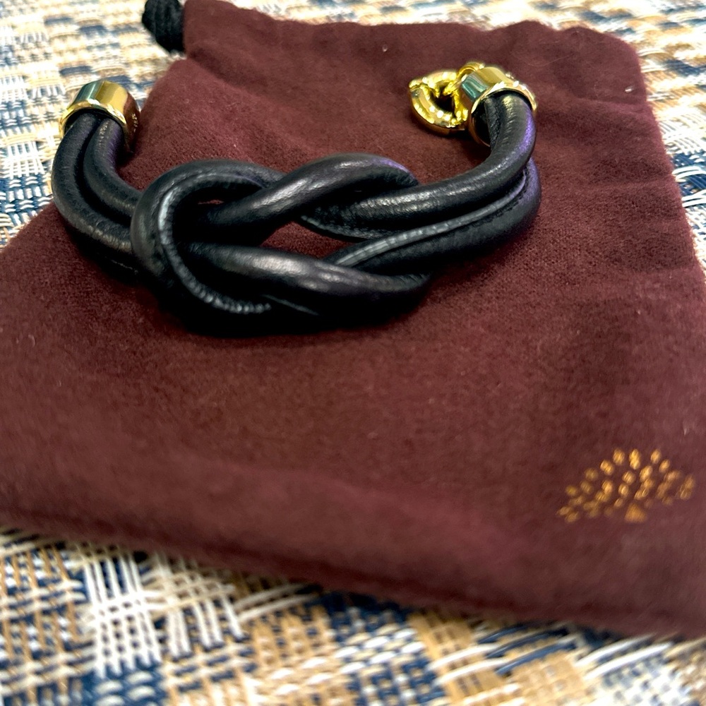 Mulberry Black Leather Knot Bracelet with Gold Accents